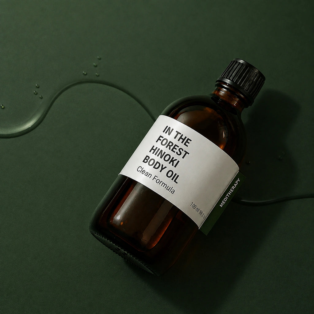MEDITHERAPY In The Forest Hinoki Body Oil 100ml MEDITHERAPY – vue 3 sur fond vert profond.