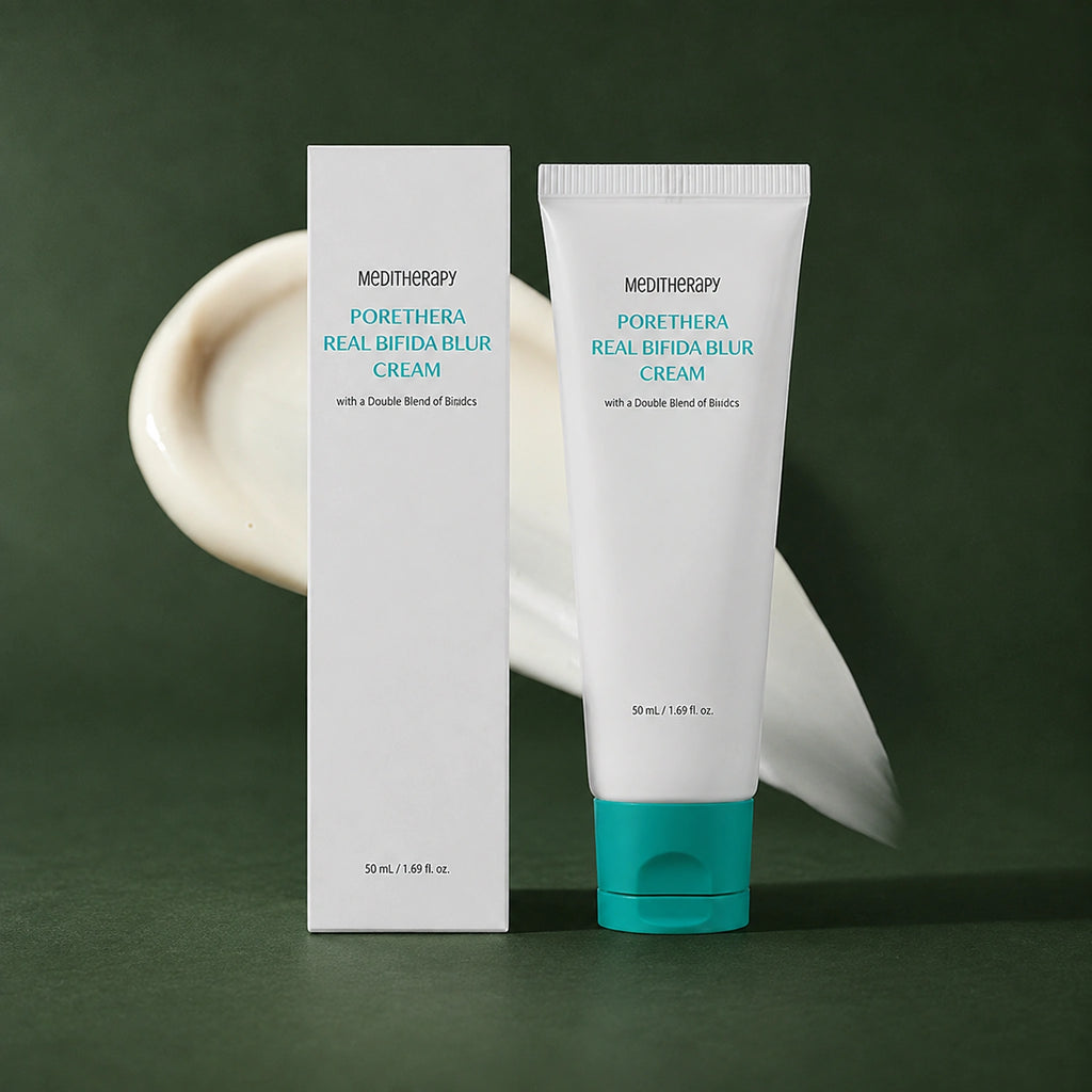 MEDITHERAPY Porethera Real Bifida Blur Cream 50ml MEDITHERAPY – vue principale sur fond vert profond.