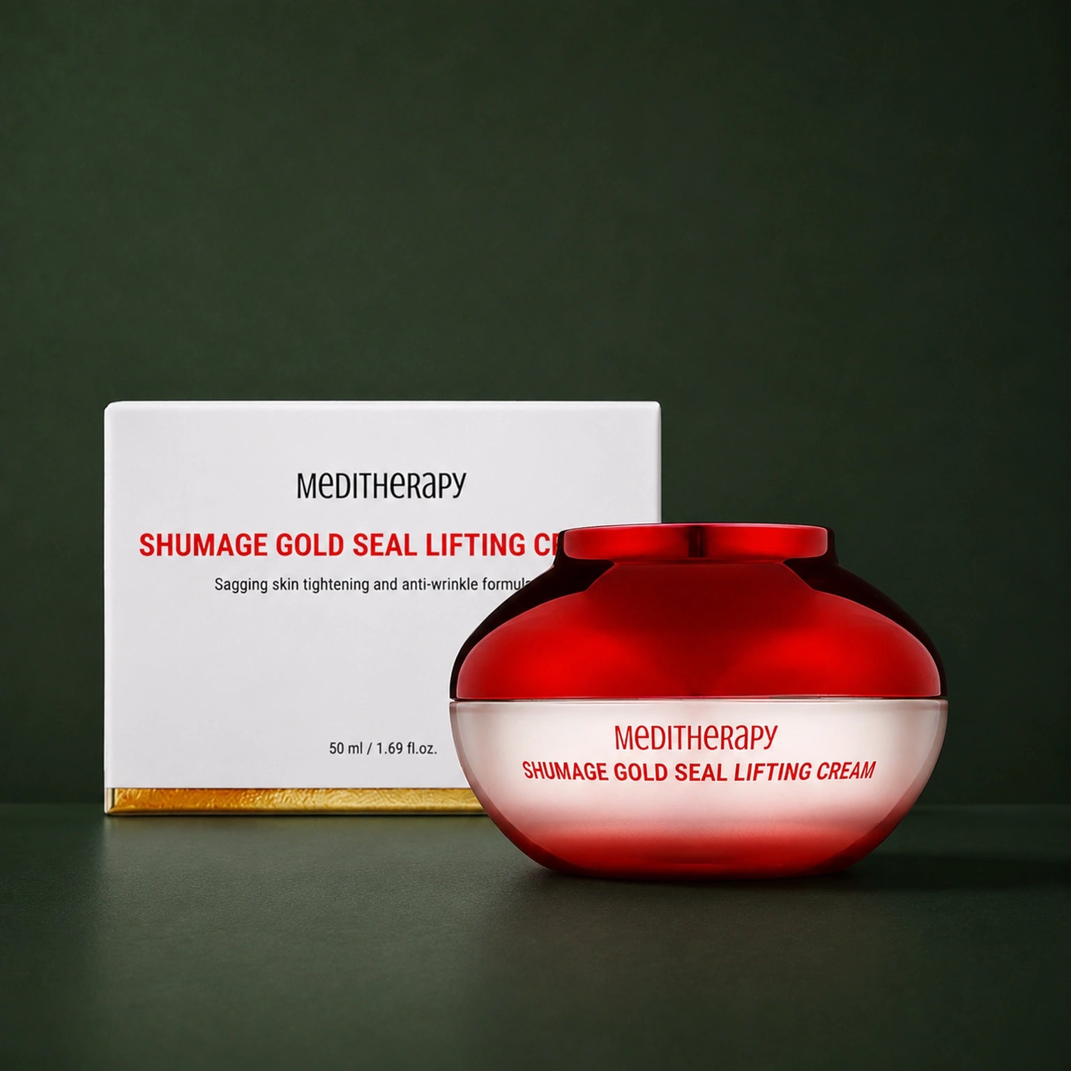 MEDITHERAPY Shumage Gold Seal Lifting Cream 50ml MEDITHERAPY – vue principale sur fond vert profond.