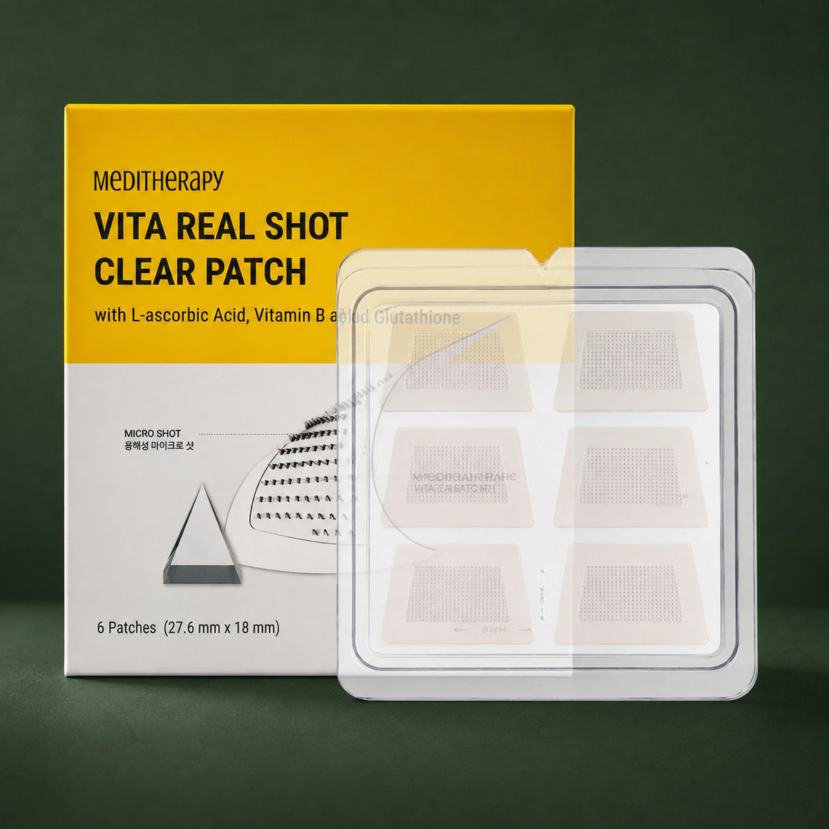 MEDITHERAPY Vita Real Shot Clear Patch 6patches (27.6mm X 18mm) MEDITHERAPY – vue principale sur fond vert profond.