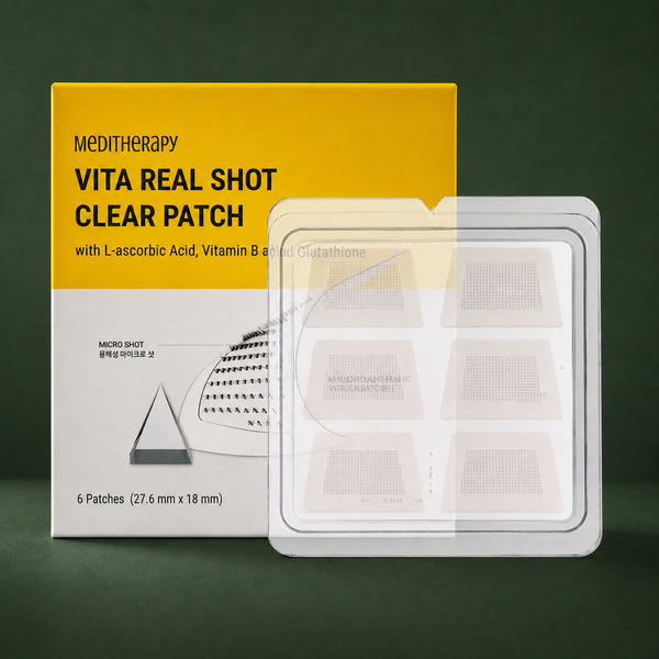 MEDITHERAPY Vita Real Shot Clear Patch 6patches (27.6mm X 18mm) MEDITHERAPY – vue principale sur fond vert profond.