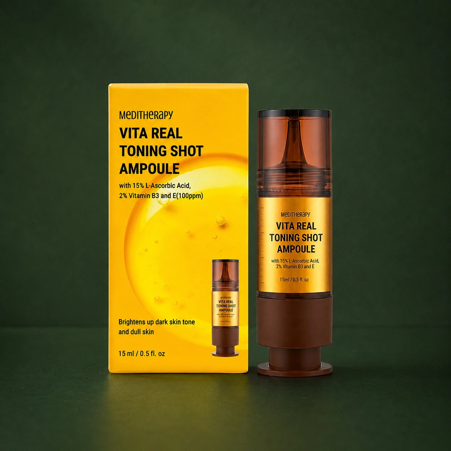 MEDITHERAPY Vita Real Toning Shot Ampoule 15ml MEDITHERAPY – vue principale sur fond vert profond.