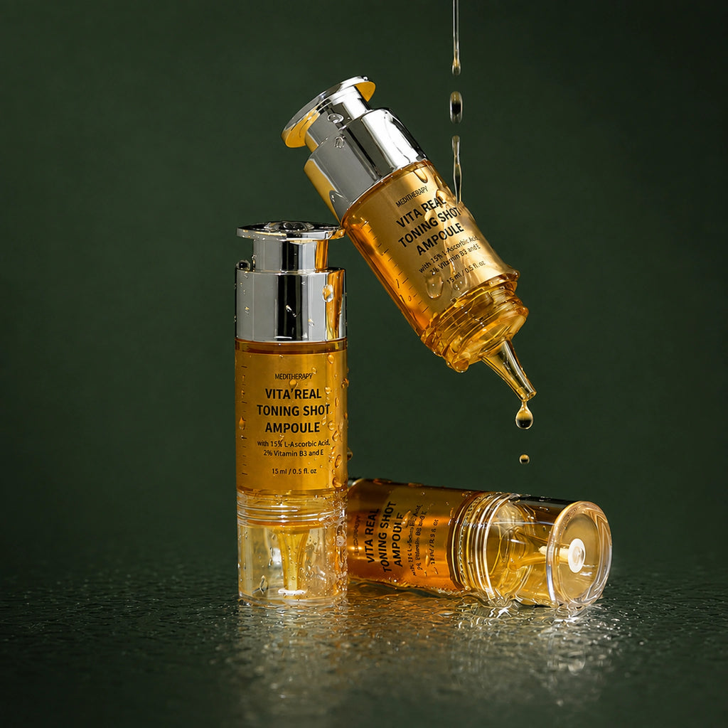 MEDITHERAPY Vita Real Toning Shot Ampoule 15ml MEDITHERAPY – vue 3 sur fond vert profond.