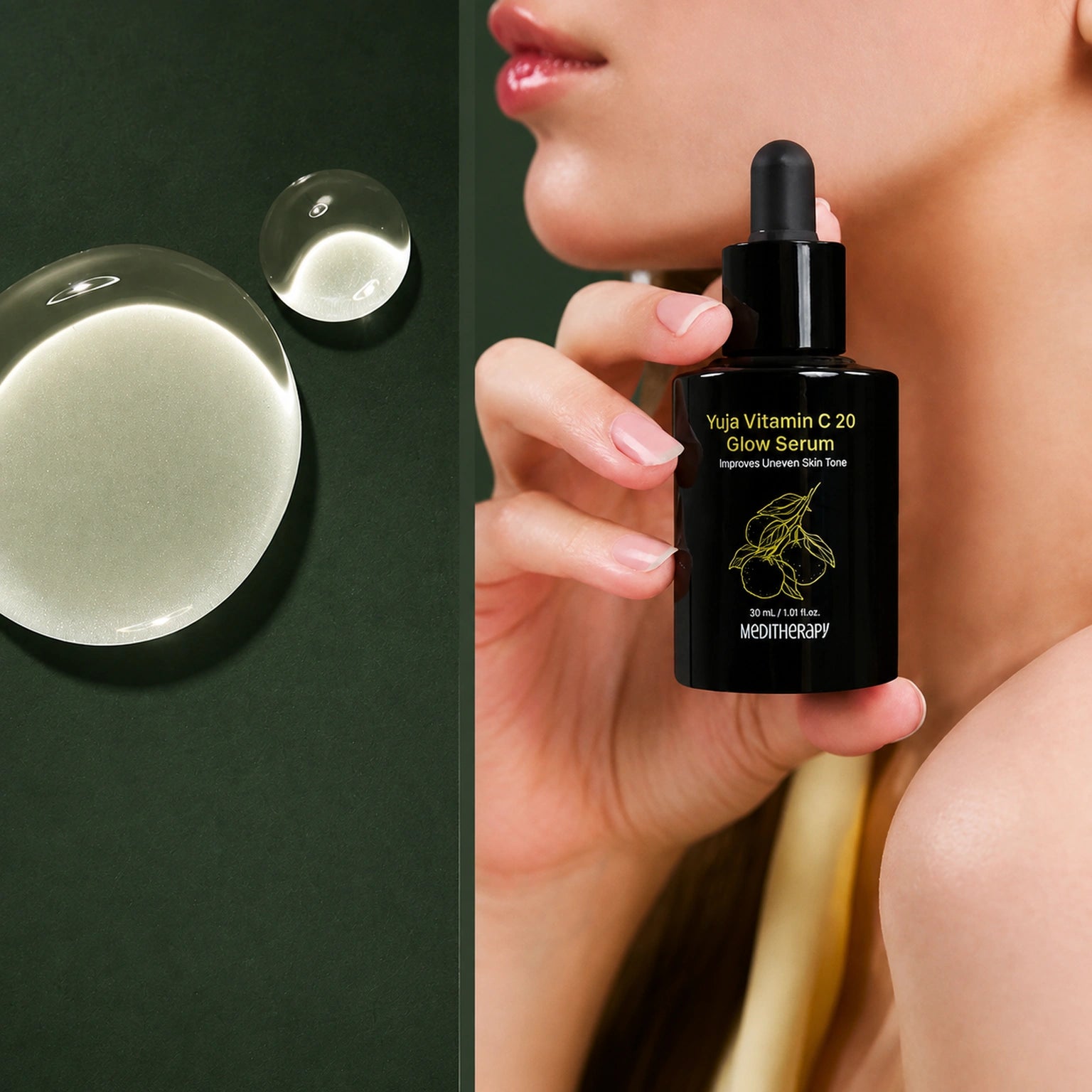 MEDITHERAPY Yuja Vitamin C 20 Glow Serum 30ml MEDITHERAPY – vue 4 sur fond vert profond.