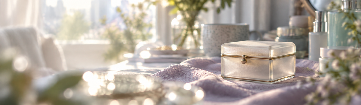 Une petite boîte à bijoux fermée en verre dépoli, posée sur un tissu lavande, idée de protection et de discrétion.