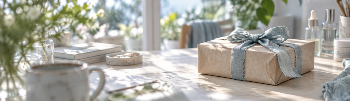 Un colis refermé avec un ruban, prêt à repartir, sur une table claire, simplicité et sérénité.