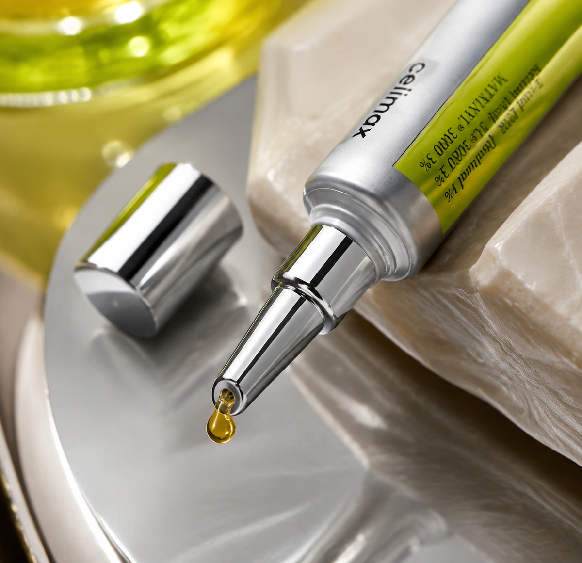 Ampoule de Nuit au Rétinal celimax — applicateur ouvert et goutte de sérum