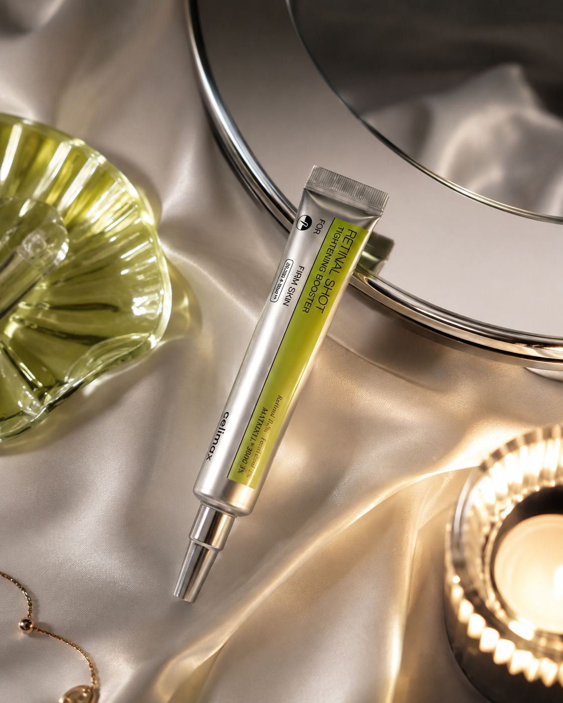 Ampoule de Nuit au Rétinal celimax — routine du soir en flat lay