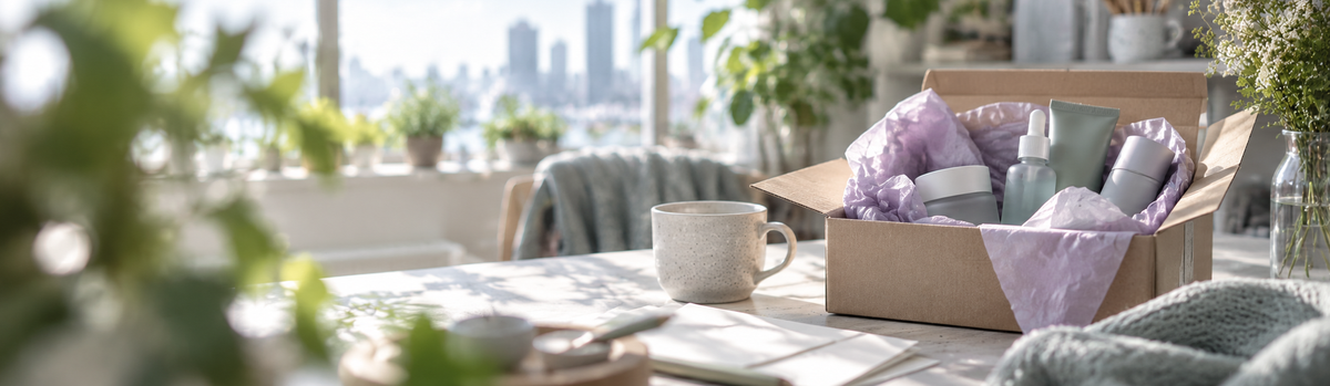 Un joli colis en carton kraft entrouvert, papier de soie lavande, soins coréens enveloppés, posé sur une table lumineuse près d'une fenêtre.