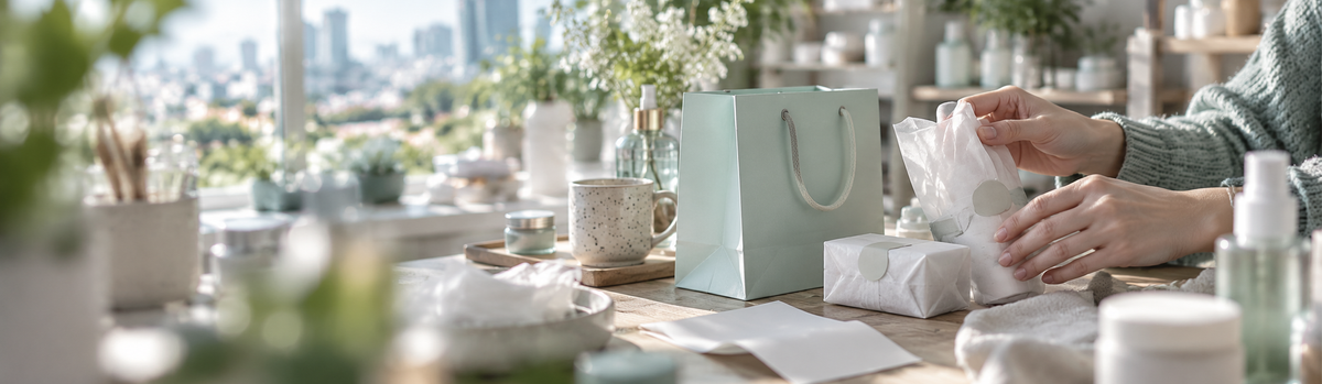Un sac de boutique en papier pastel, des soins enveloppés, un ticket plié flou, nature morte élégante.