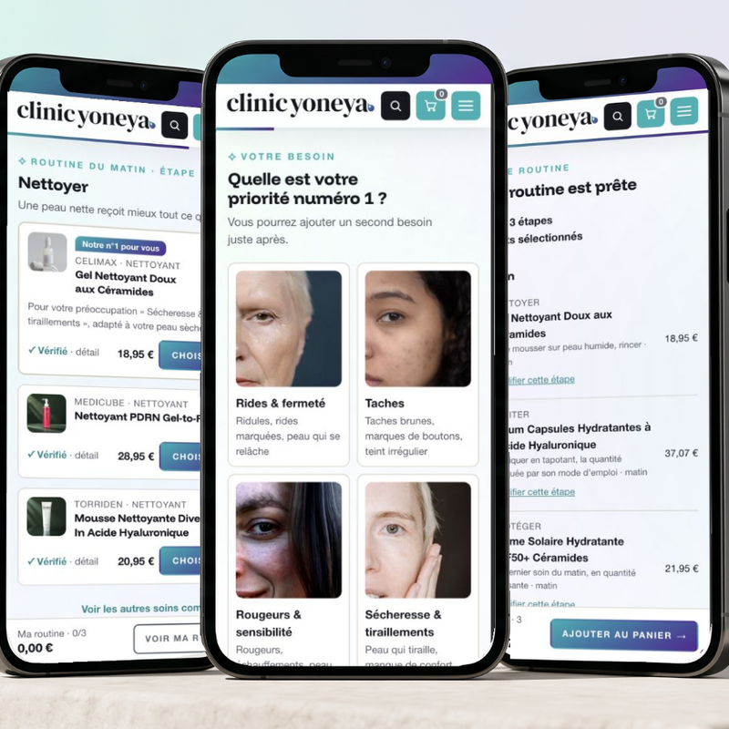 Trois téléphones ouverts sur le créateur de routine Clinic Yoneya : vos soins, votre besoin, votre routine prête