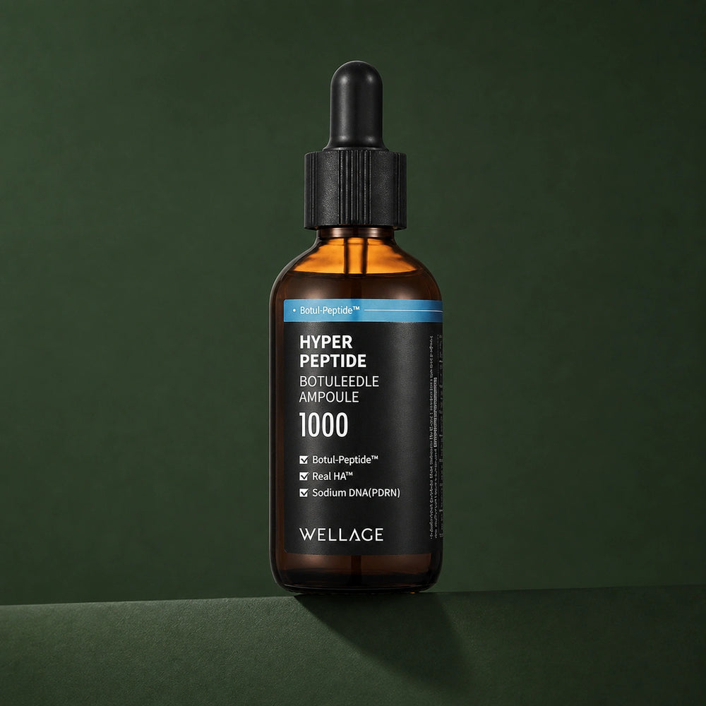 Ampoule Visage Botuleedle aux Peptides WELLAGE sur fond vert profond