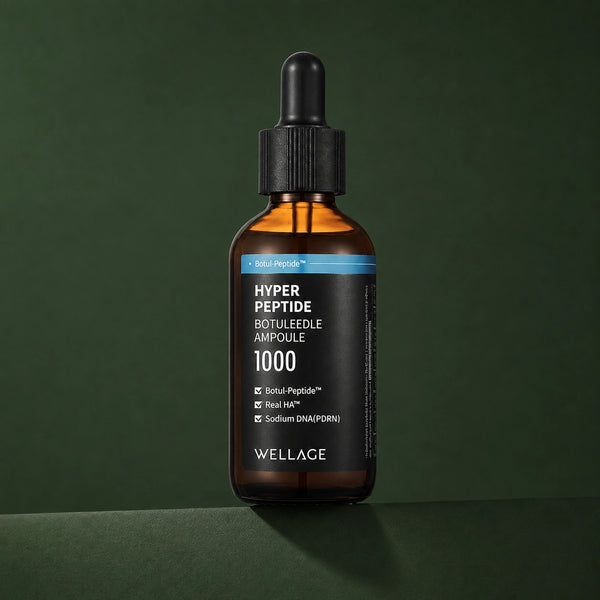 Ampoule Visage Botuleedle aux Peptides WELLAGE sur fond vert profond