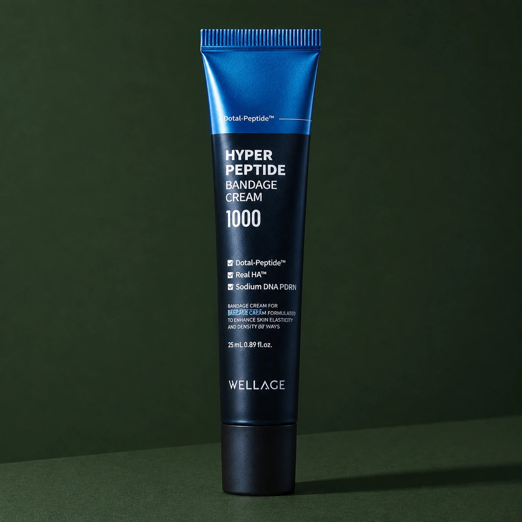 Crème Visage Bandage aux Peptides WELLAGE sur fond vert profond