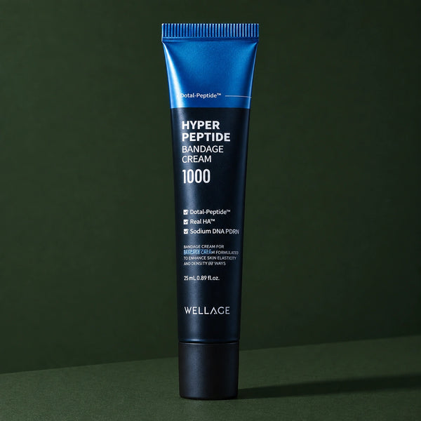 Crème Visage Bandage aux Peptides WELLAGE sur fond vert profond