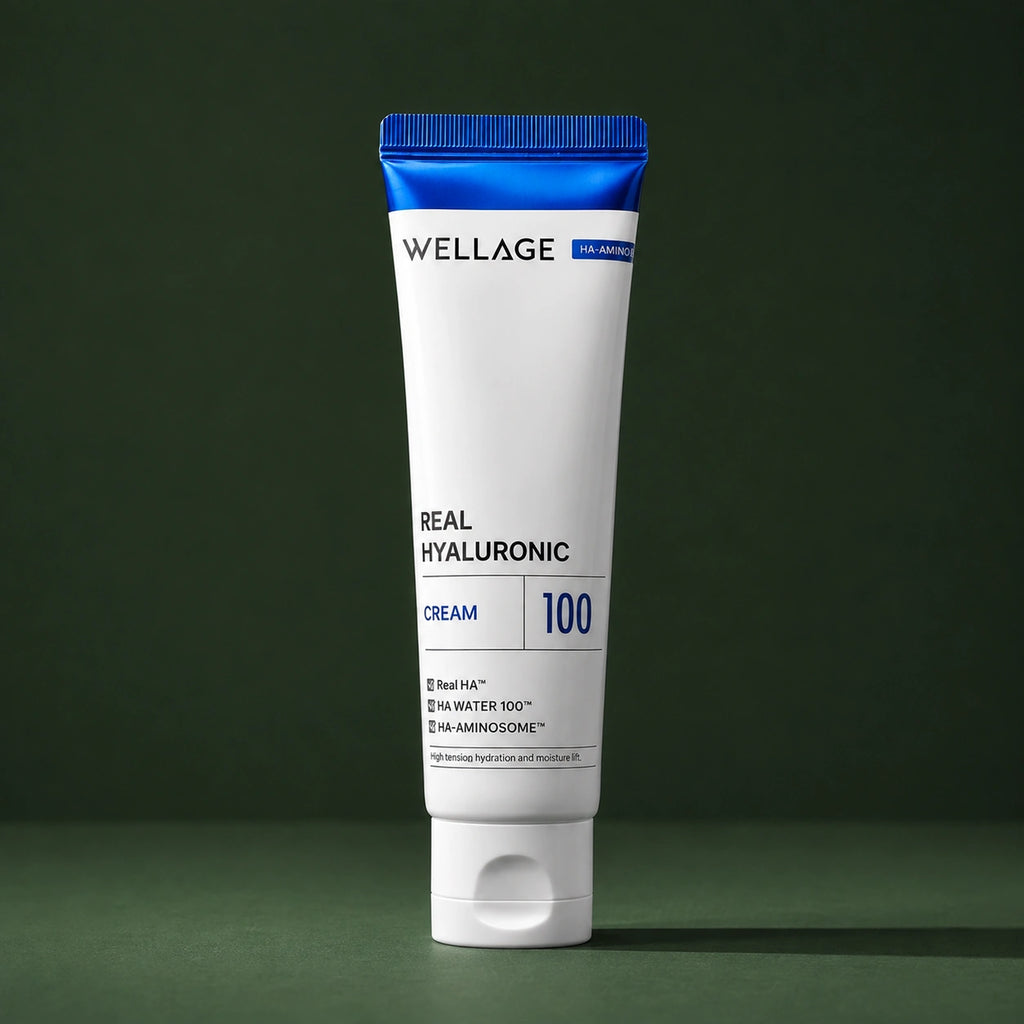 Crème Visage Hyaluronique 100 WELLAGE sur fond vert profond