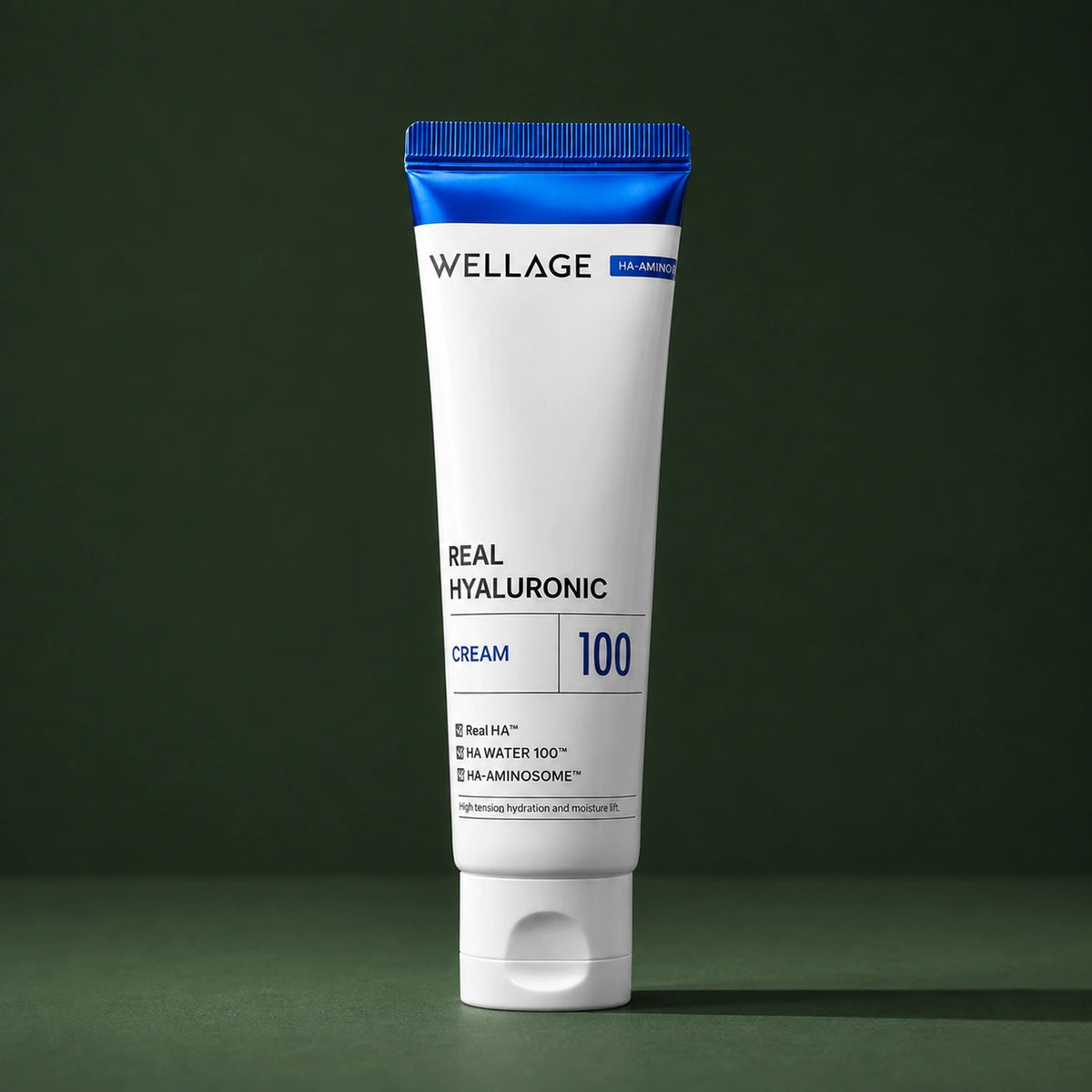 Crème Visage Hyaluronique 100 WELLAGE sur fond vert profond