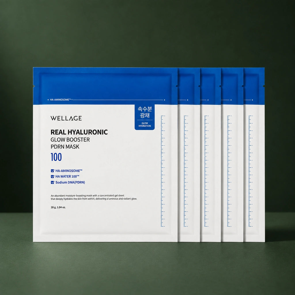 Masque Hydrogel Hydratant Acide Hyaluronique & PDRN WELLAGE sur fond vert profond