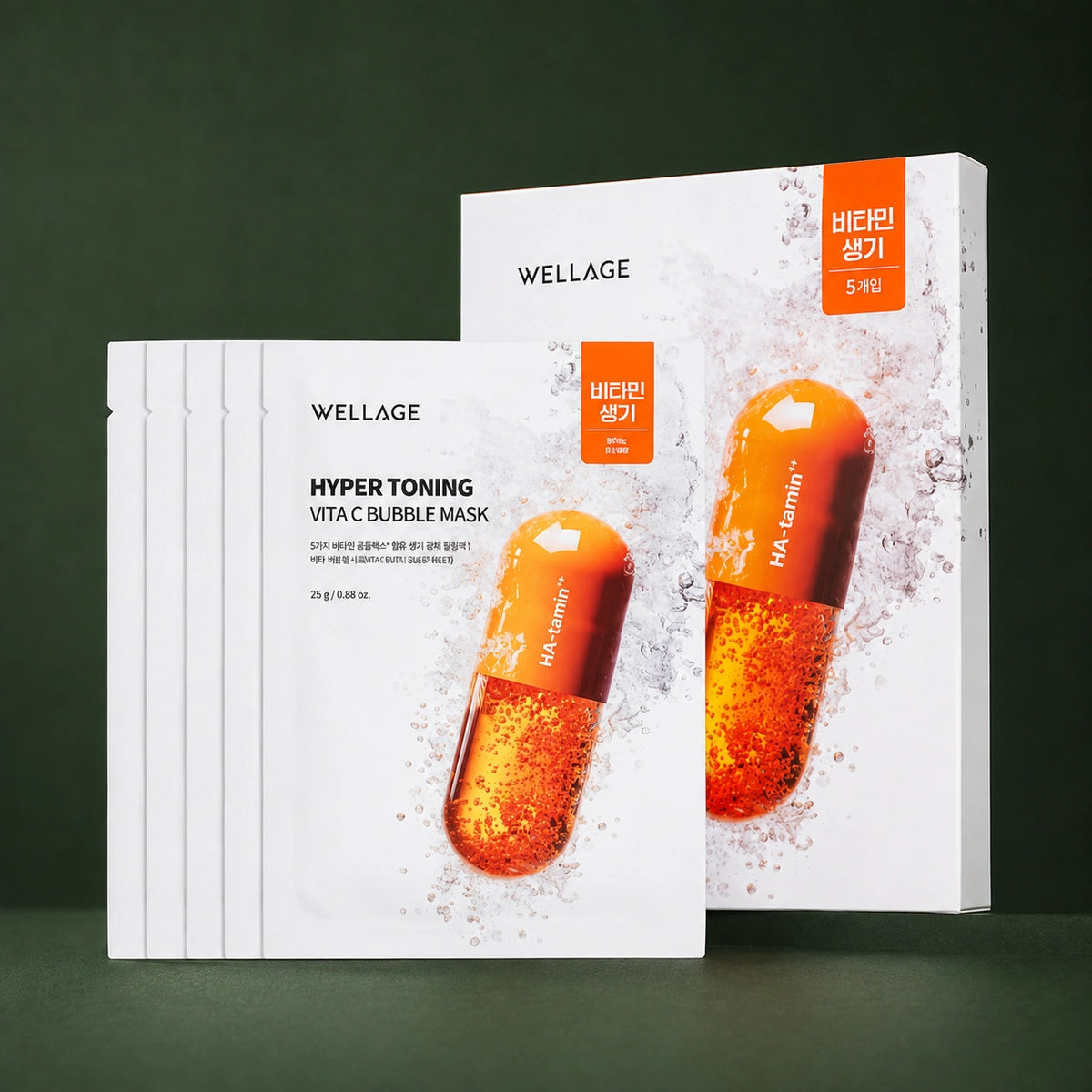 Masque Tissu à Bulles Vitamine C WELLAGE sur fond vert profond