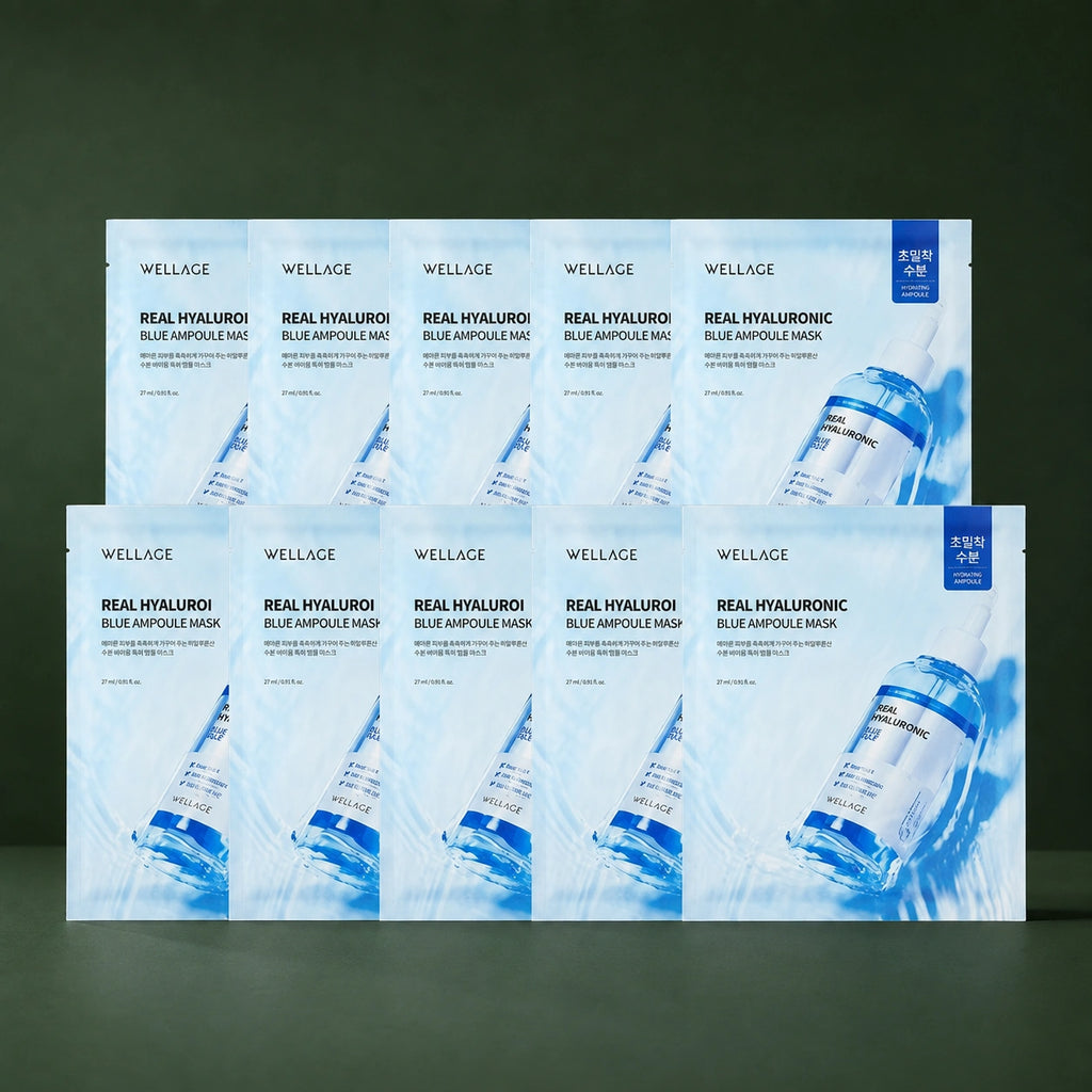 Masques Tissu Hydratants Hyaluronique Blue WELLAGE sur fond vert profond