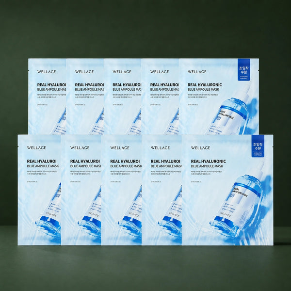 Masques Tissu Hydratants Hyaluronique Blue WELLAGE sur fond vert profond